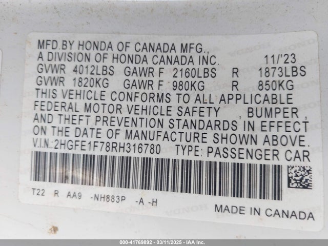 2HGFE1F78RH316780 Honda CIVIC EX