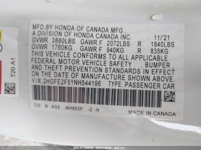 2HGFE2F51NH544196 Honda Civic Sport
