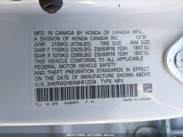 2HKRW2H8XMH612534 Honda Cr-v Awd Ex-l