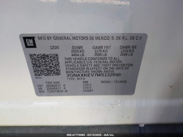 3GNAXKEV7MS132050 Chevrolet Equinox Fwd Lt