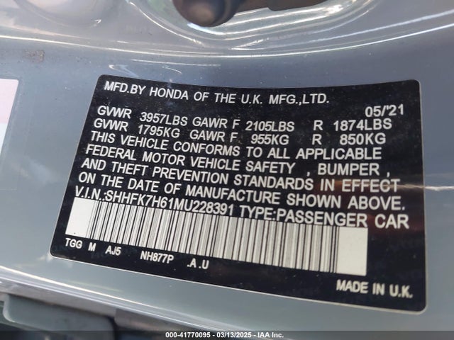 SHHFK7H61MU228391 Honda CIVIC EX