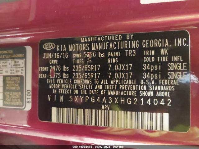 5XYPG4A3XHG214042 KIA Sorento 2.4l Lx