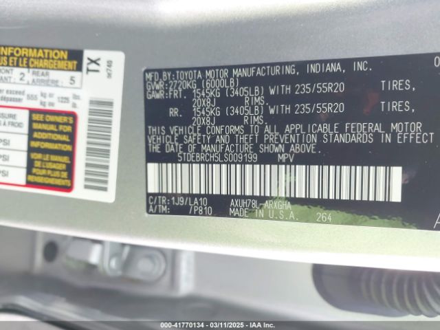 5TDEBRCH5LS009199 Toyota Highlander Hybrid Platinum