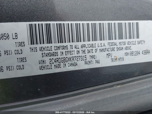 2C4RDGBGXKR727315 Dodge Grand Caravan Se Plus