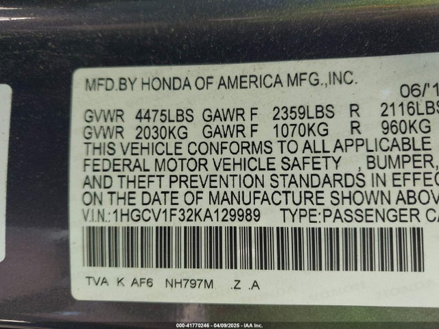 1HGCV1F32KA129989 Honda Accord Sport