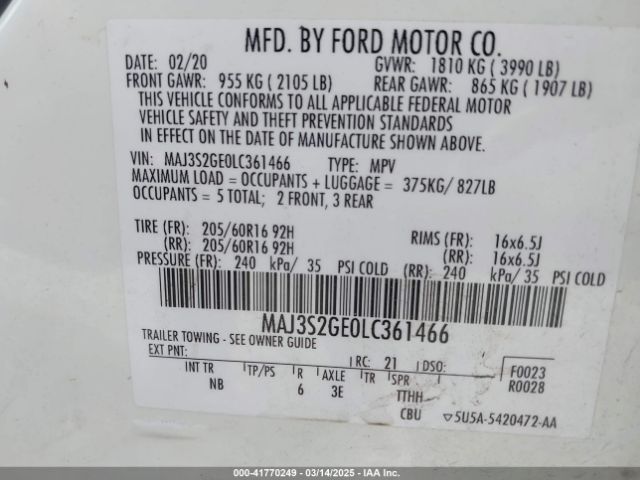 MAJ3S2GE0LC361466 Ford Ecosport Se
