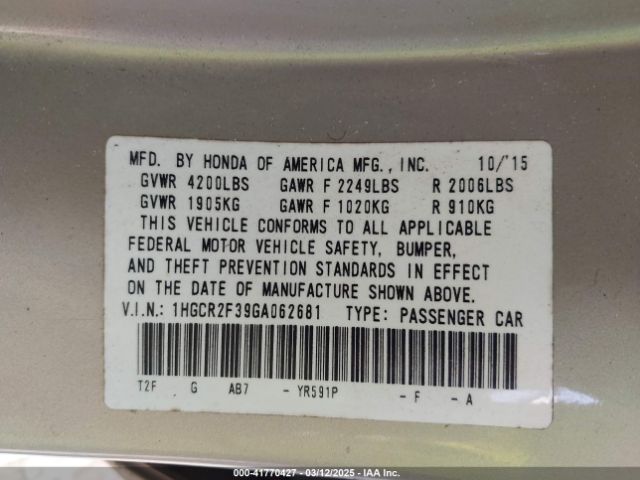 1HGCR2F39GA062681 Honda ACCORD LX