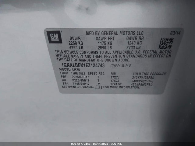 1GNALBEK1EZ124743 Chevrolet EQUINOX 1LT