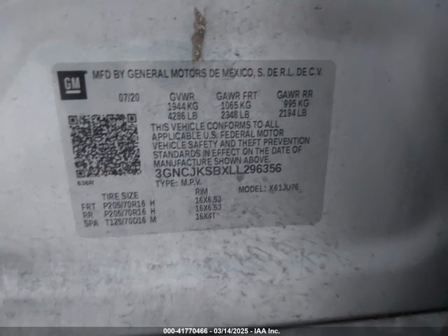 3GNCJKSBXLL296356 Chevrolet Trax Fwd Ls