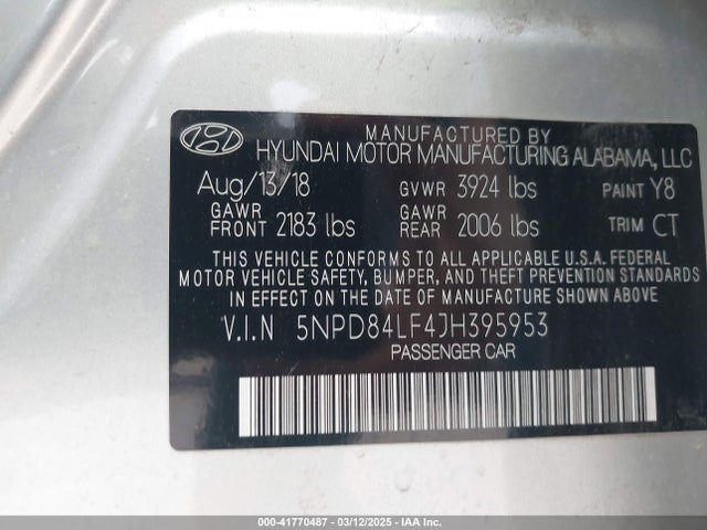 5NPD84LF4JH395953 Hyundai ELANTRA SEL