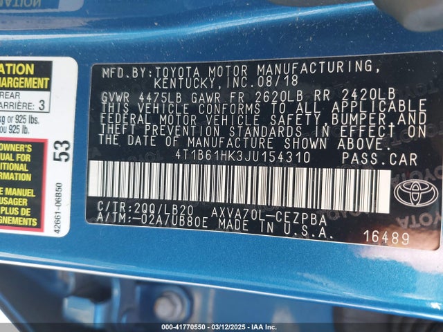 4T1B61HK3JU154310 Toyota CAMRY XSE