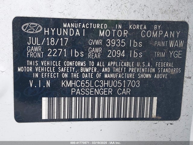 KMHC65LC3HU051703 Hyundai Ioniq Hybrid Blue