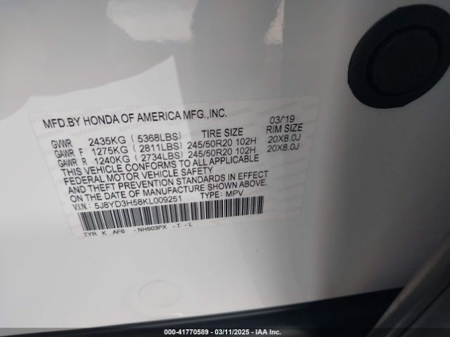 5J8YD3H58KL009251 Acura Mdx Tech Pkg