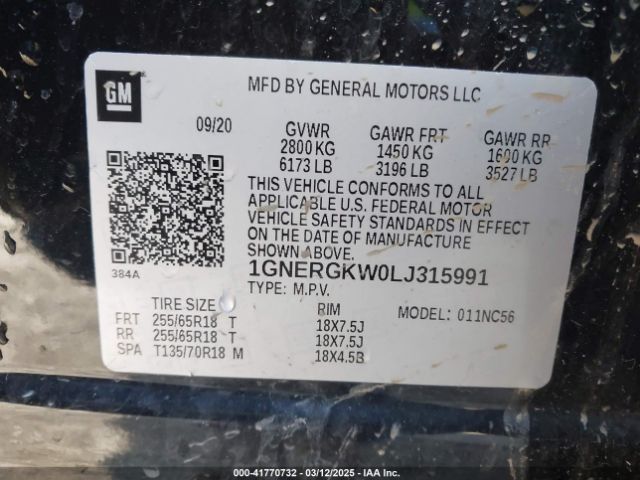 1GNERGKW0LJ315991 Chevrolet Traverse Fwd Lt Cloth