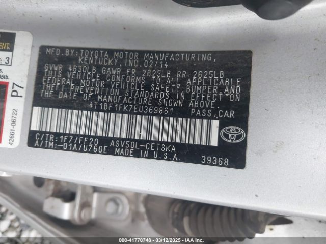 4T1BF1FK7EU369861 Toyota 2ar-fe