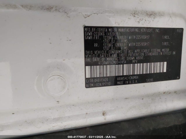 4T3RWRFV2MU040854 Toyota Rav4 Hybrid Xle