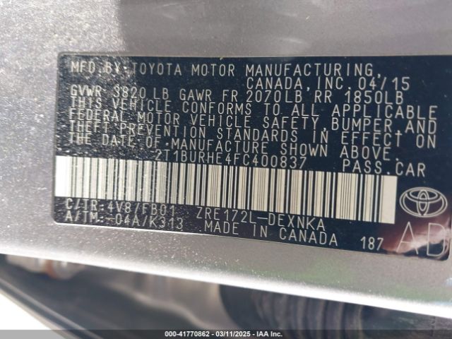 2T1BURHE4FC400837 Toyota COROLLA LE