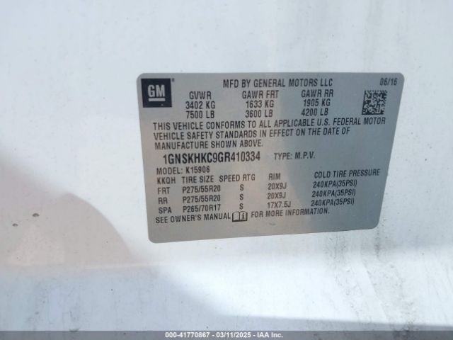 1GNSKHKC9GR410334 Chevrolet Suburban Lt