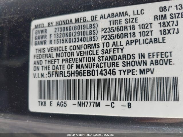 5FNRL5H96EB014346 Honda Odyssey Touring/touring Elite