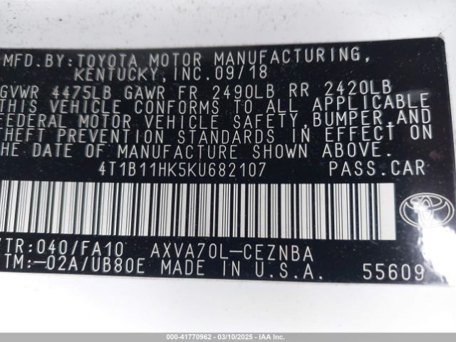 4T1B11HK5KU682107 Toyota CAMRY LE