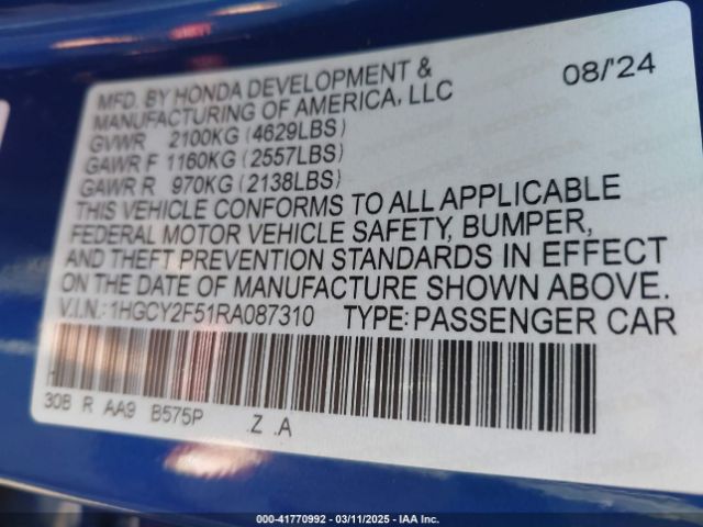 1HGCY2F51RA087310 Honda Accord Hybrid Sport