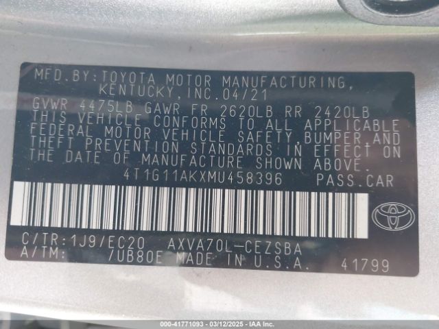 4T1G11AKXMU458396 Toyota Camry Se Nightshade Edition