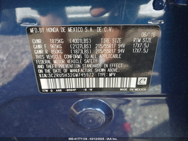 3CZRU5H32GM745972 Honda HR-V LX