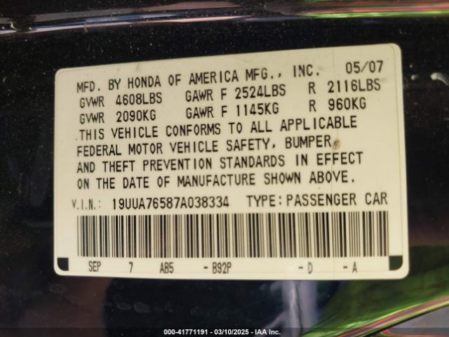2007 ACURA TL 19UUA76587A038334 Photo 8