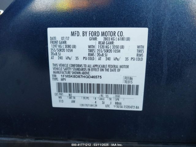 1FM5K8D87HGD46575 Ford EXPLORER XLT