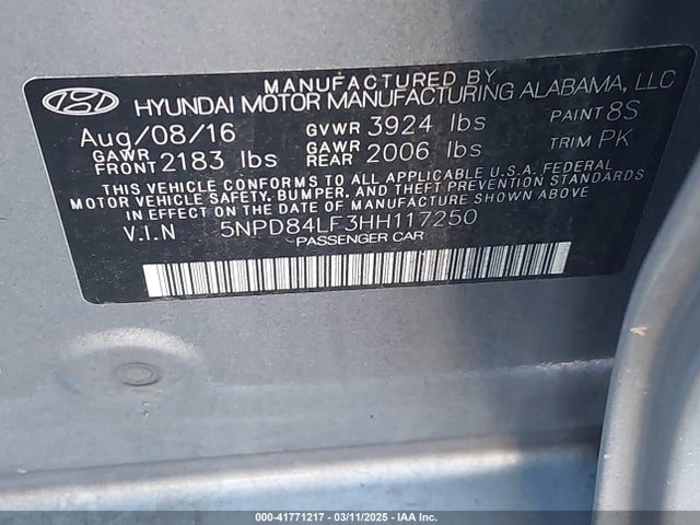 5NPD84LF3HH117250 Hyundai ELANTRA SE