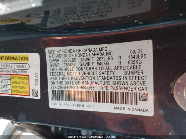 2HGFE2F51NH605868 Honda Civic Sport