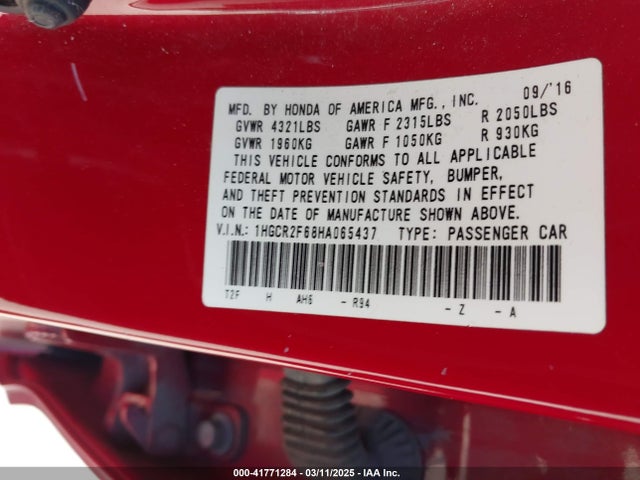 1HGCR2F68HA065437 Honda Accord Sport