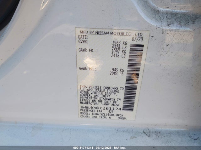 1N4BL4CV6LC261124 Nissan Altima Sr Fwd
