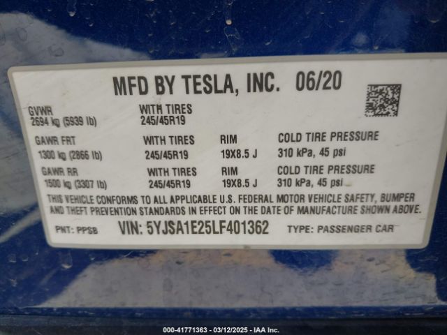 5YJSA1E25LF401362 Tesla Model S Long Range Dual Motor All-wheel Drive/long Range Plus Dual Motor All-wheel Drive