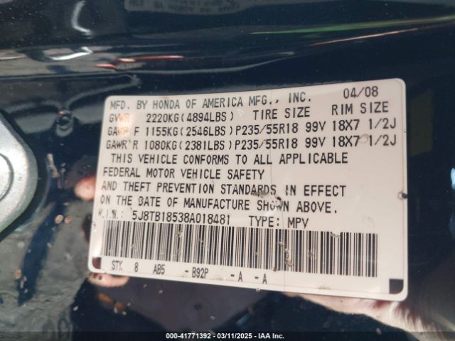 2008 ACURA RDX 5J8TB18538A018481 Photo 8