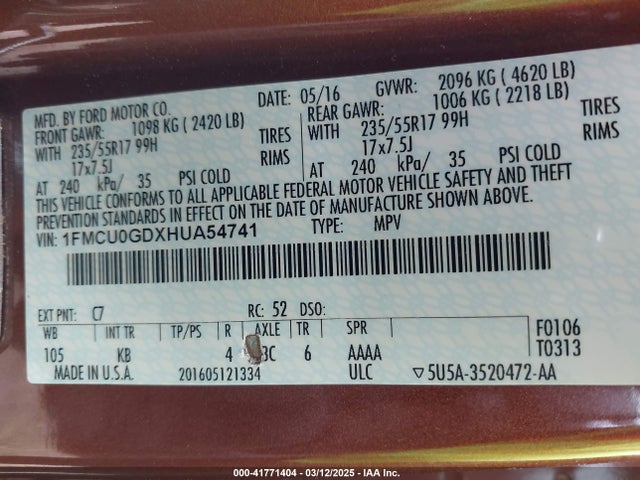 1FMCU0GDXHUA54741 Ford ESCAPE SE