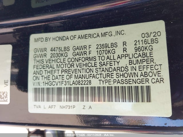 1HGCV1F31LA082228 Honda Accord Sport