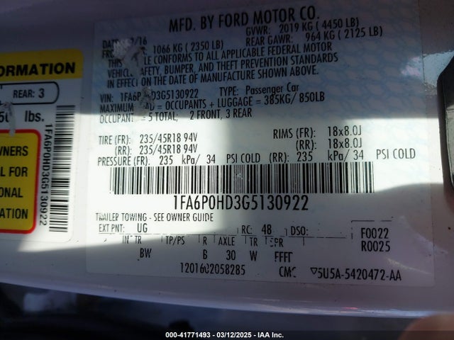 Ford FUSION SE 2016 1FA6P0HD3G5130922 Image 9