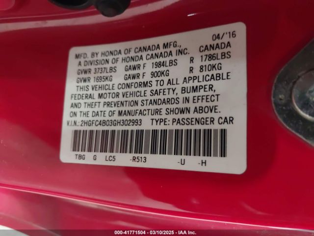 2HGFC4B03GH302993 Honda Civic Lx-p