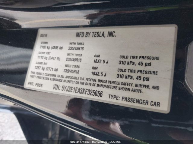 5YJ3E1EA3KF325056 Tesla Model 3 Long Range/mid Range/standard Range/standard Range Plus