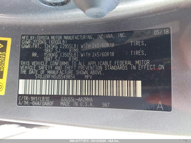 5TDJZRFH0JS549854 Toyota Highlander Xle