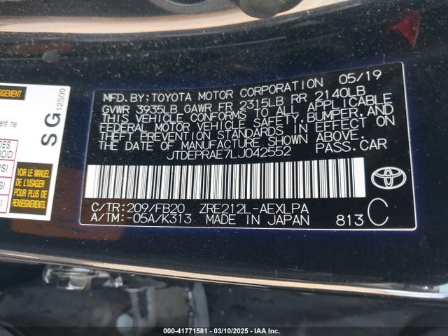 JTDEPRAE7LJ042552 Toyota COROLLA LE