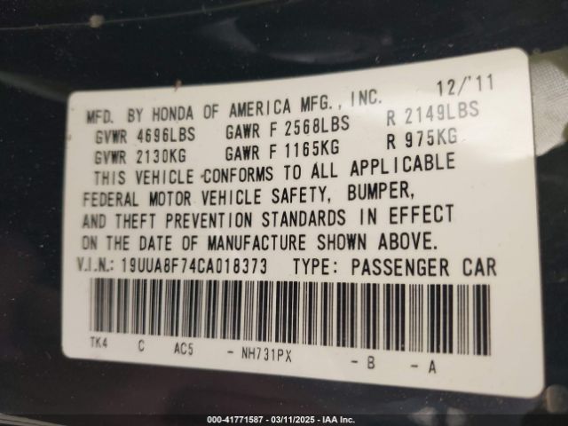 2012 ACURA TL 19UUA8F74CA018373 Photo 8