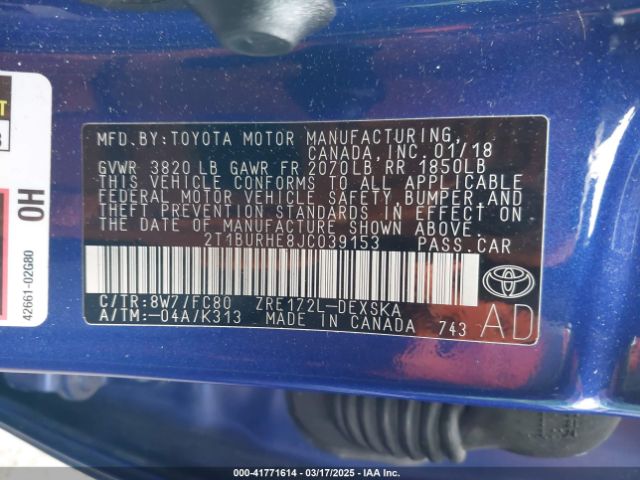 2T1BURHE8JC039153 Toyota COROLLA SE