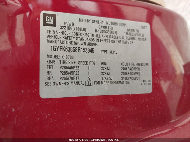 2008 CADILLAC ESCALADE 1GYFK63868R153945 Photo 8