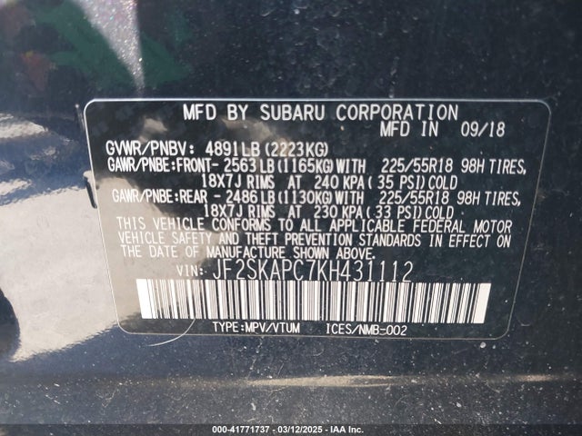 Subaru naturally aspirated u5 2019 JF2SKAPC7KH431112 Image 9