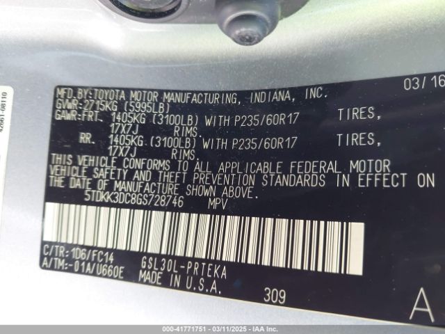 5TDKK3DC8GS728746 Toyota Sienna Le 8 Passenger
