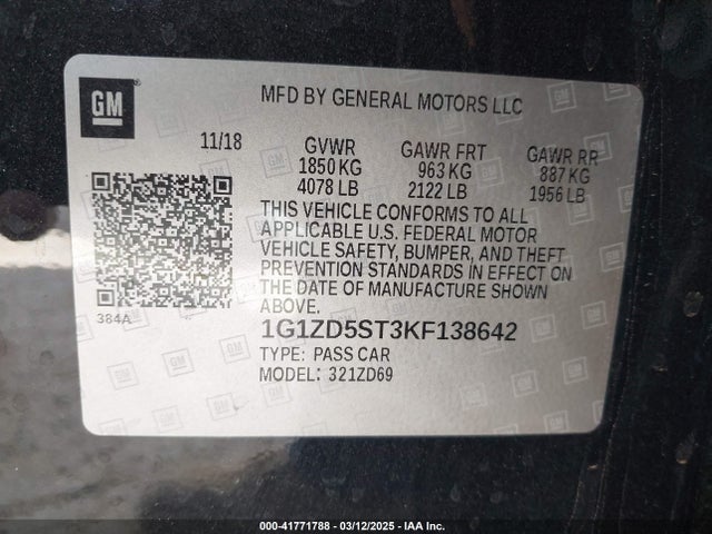 1G1ZD5ST3KF138642 Chevrolet MALIBU LT