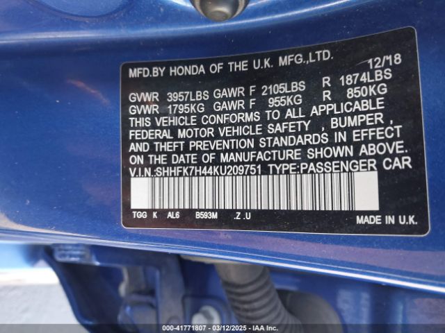 SHHFK7H44KU209751 Honda Civic Sport