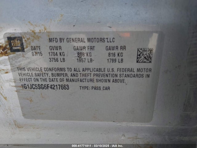 1G1JC5SG6F4217663 Chevrolet Sonic Lt Auto